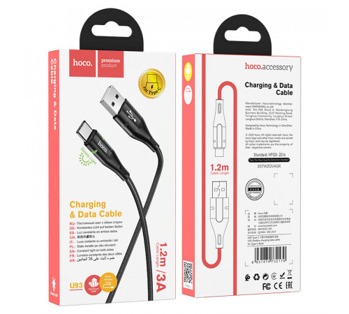 Кабель HOCO U93 USB to Type-C 3A, 1.2m, nylon, aluminum connectors, light indicator, Black (6931474732170)