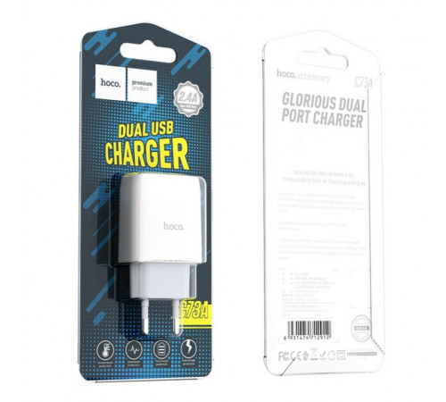 Мережевий зарядний пристрій HOCO C73A Glorious dual port charger 12W White (6931474712912)