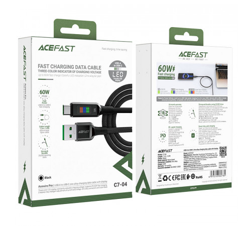 Кабель ACEFAST C7-04 USB to Type-C 3A, 1.2m, nylon, zinc connectors, LED, Black (6974316282785)