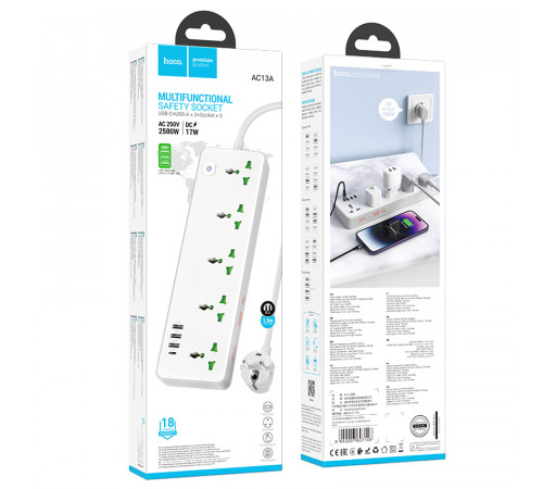 Мережевий подовжувач HOCO  AC13A Talento 5-position socket(1C3A) (1,5 m) White (6942007607148)