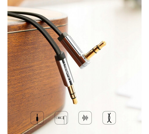 Аудіокабель UGREEN AV119 3.5mm Male to 3.5mm Male Straight to angle flat Cable  2m (Black)(UGR-10599) (UGR-10599)