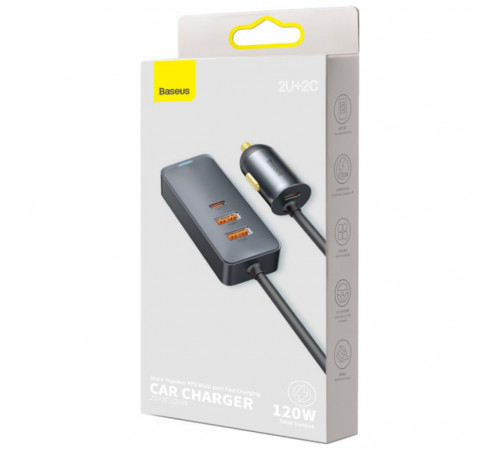 Автомобільний зарядний пристрій Baseus Share Together PPS multi-port Fast charging with extension cord 120W 2U+2C Gray (CCBT-A0G)