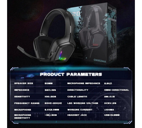 Навушники комп'ютерні Onikuma K20 RGB з мікрофоном