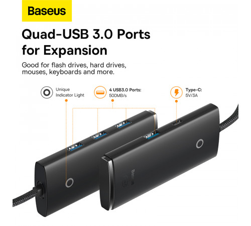 USB-хаб Baseus Lite Series 4-Port Type-C HUB Adapter (Type-C to USB 3.0*4) 25cm Black (WKQX030301)