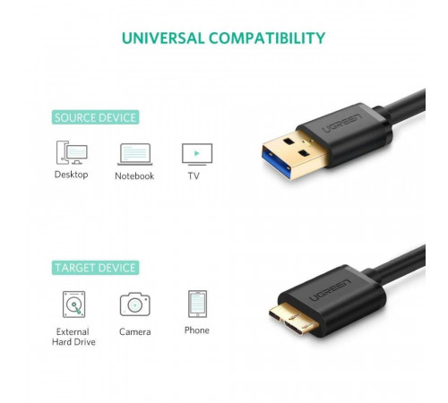 Кабель UGREEN US130 USB 3.0 A Male to Micro USB 3.0 Type B Male Cable 1m (Black) (UGR-10841) (UGR-10841)