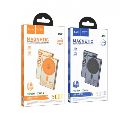 Зовнішній акумулятор HOCO Q32 Bird PD20W wireless magnetic power bank(5000mAh) Metal Gray (6942007634076)