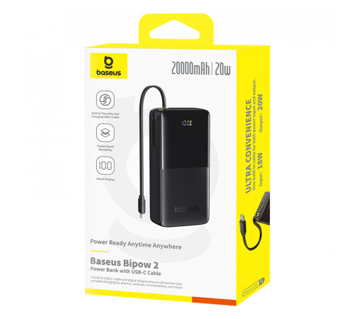 Зовнішній акумулятор Baseus Bipow 2 Digital Display Power Bank With Built-in USB-C Cable 20000mah 20W Cluster Black (P10077101113-01)