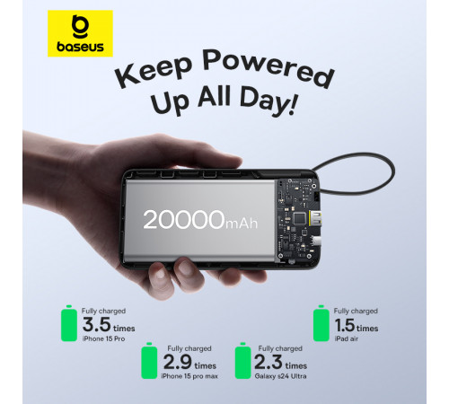 Зовнішній акумулятор Baseus Bipow 2 Digital Display Power Bank With Built-in USB-C Cable 20000mah 20W Cluster Black (P10077101113-01)