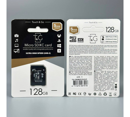 Карта пам'яті T&G 128Gb (UHS-3) 10 Class (з адаптером SD)