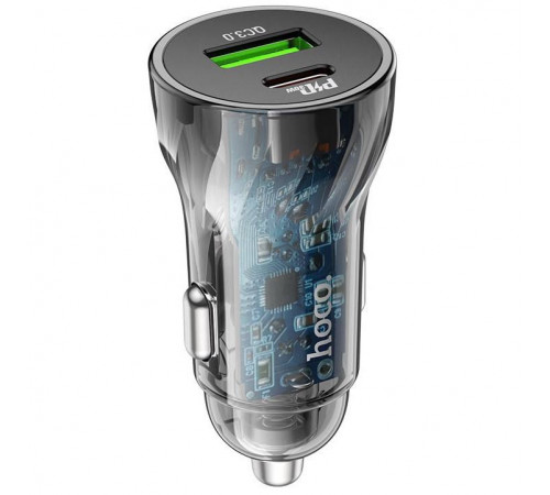 Автомобільний зарядний пристрій HOCO Z47A Transparent Discovery Edition dual port PD30W+QC3.0 car charger Transparent Black (6931474782274)
