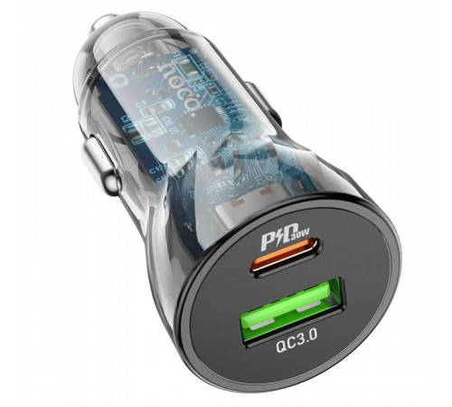 Автомобільний зарядний пристрій HOCO Z47A Transparent Discovery Edition dual port PD30W+QC3.0 car charger Transparent Black (6931474782274)