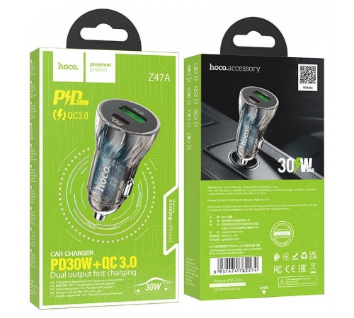 Автомобільний зарядний пристрій HOCO Z47A Transparent Discovery Edition dual port PD30W+QC3.0 car charger Transparent Black (6931474782274)