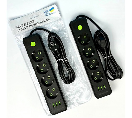 Мережевий подовжувач UA Power F44U 3USB 4 розетки 6m