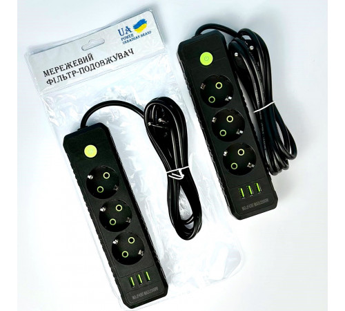 Мережевий подовжувач UA Power F43U 3USB 3 розетки 2m