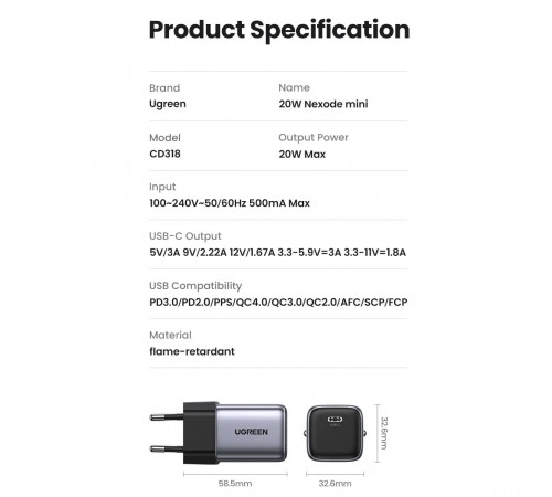 Мережевий зарядний пристрій UGREEN CD318 Nexode mini 20W Charger EU (UGR-90664) (UGR-90664)