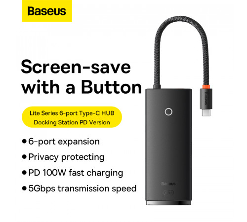 USB-хаб Baseus Lite Series 6-Port Type-C HUB Docking Station (Type-C to HDMI+USB3.0*2+PD+SD/TF) Black (WKQX050101)