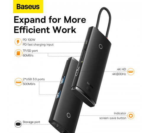 USB-хаб Baseus Lite Series 6-Port Type-C HUB Docking Station (Type-C to HDMI+USB3.0*2+PD+SD/TF) Black (WKQX050101)