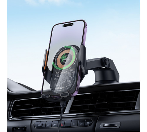 Автотримач для телефона з БЗП HOCO HW34 Blue whale 3-axis linkage wireless fast charging car holder(center console) (6942007652148)