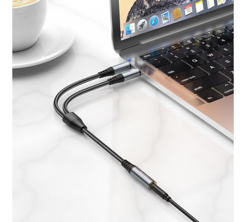 Аудіокабель HOCO UPA21 3.5mm male to 2 female, nylon braid, 0.25m, Metal Gray (6931474766816)