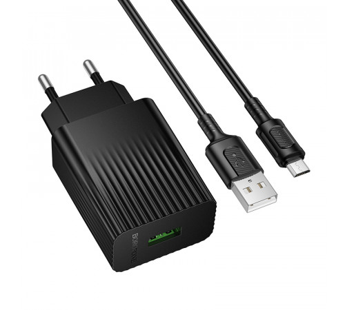 Мережевий зарядний пристрій з кабелем BOROFONE BAS72A Source single port QC3.0 charger set(Micro) Black (6941991122651)