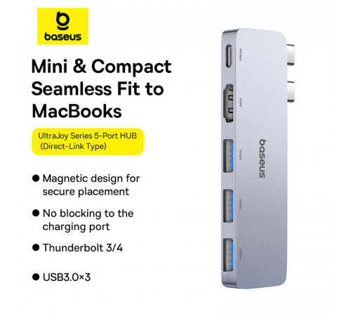 USB-хаб Baseus UltraJoy Series 5-Port HUB Space Grey (USB-C*2 to USB-C 40Gbps*1+HDMI 4K@30Hz*1+USB3.0*3） (B00052801811-04)