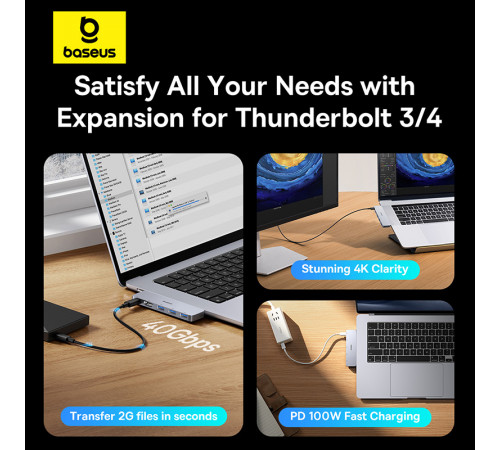 USB-хаб Baseus UltraJoy Series 5-Port HUB Space Grey (USB-C*2 to USB-C 40Gbps*1+HDMI 4K@30Hz*1+USB3.0*3） (B00052801811-04)