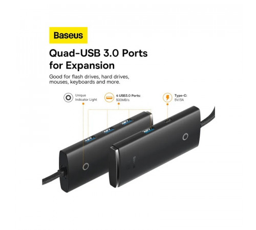 USB-хаб Baseus Lite Series 4-Port Type-C HUB Adapter (Type-C to USB 3.0*4 ) 1m Black (WKQX030401)