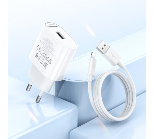 Мережевий зарядний пристрій з кабелем HOCO C109A(10.5W) Fighter single port charger set(iP) White (6942007656597)