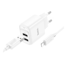 Мережевий зарядний пристрій з кабелем HOCO C141A Smart dual-port charger set(iP) White (6942007627870)