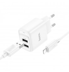 Мережевий зарядний пристрій з кабелем HOCO C141A Smart dual-port charger set(iP) White (6942007627870)