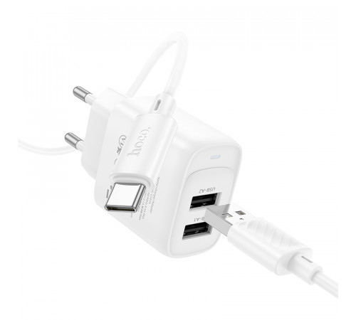 Мережевий зарядний пристрій з кабелем HOCO C141A Smart dual-port charger set(Type-C) White (6942007627917)