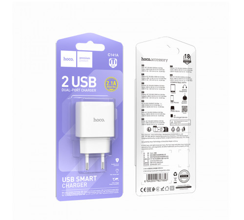 Мережевий зарядний пристрій HOCO C141A Smart dual-port charger White (6942007627856)