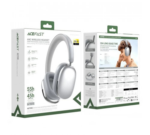 Бездротові накладні навушники ACEFAST H9 active noise cancelling wireless headset, ANC, Silver (6974316284383)