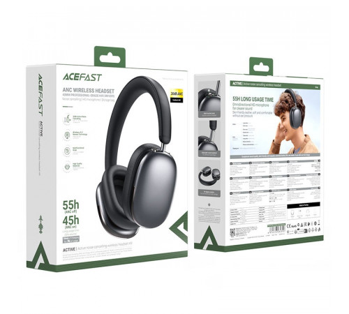 Бездротові накладні навушники ACEFAST H9 active noise cancelling wireless headset, ANC, Gray (6974316284390)