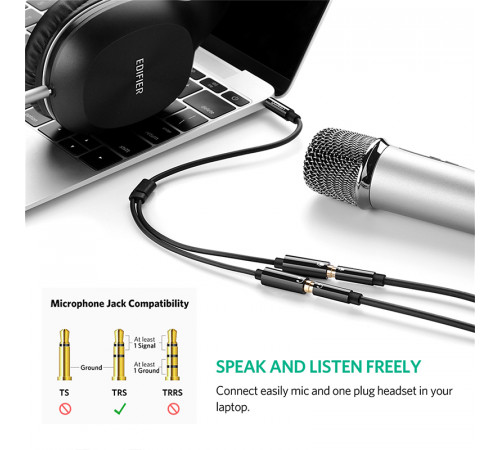 Аудіокабель UGREEN AV141 3.5mm male to 2 3.5mm female, 0,2m Black (UGR-30619)