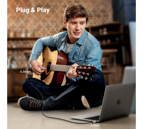 Аудіокабель UGREEN AV127 3.5mm Male to 6.35mm Male, TRS Stereo Audio Cable, nylon braid, 5m Gray (UGR-10630)