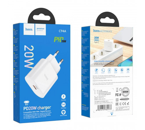Мережевий зарядний пристрій з кабелем HOCO C94A Metro single port PD20W charger set(Type-C to Type-C) White (6931474762191)