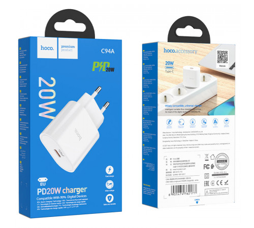 Мережевий зарядний пристрій HOCO C94A Metro single port PD20W charger White (6931474762177)