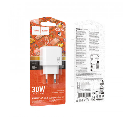 Мережевий зарядний пристрій HOCO CS55A Surplus PD30W+QC3.0 charger White (6942007631549)