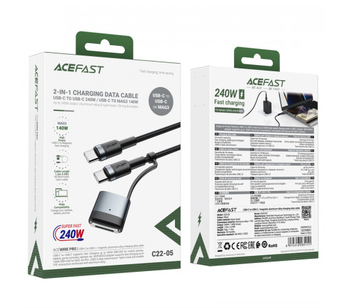 Кабель ACEFAST C22-05 USB-C to USB-C / magnetic aluminum alloy charging data cable Black (6974316285151)