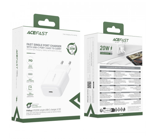 Мережевий зарядний пристрій ACEFAST A130 PD20W single USB-C charger White (6974316284659)