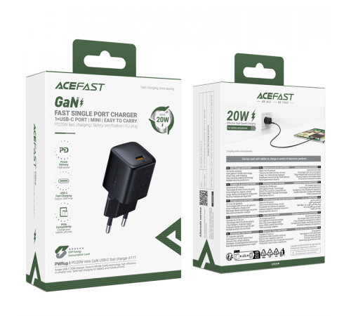 Мережевий зарядний пристрій ACEFAST A117 PD20W mini GaN USB-C fast charger Black (6974316284987)