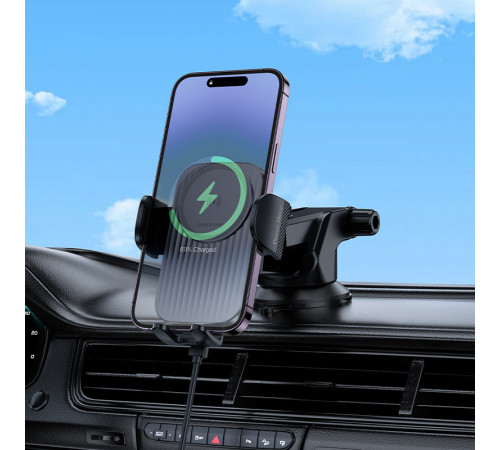 Автотримач для телефона з БЗП BOROFONE BH222 Leading push-type wireless fast charging car holder(center console) Black (6941991119019)