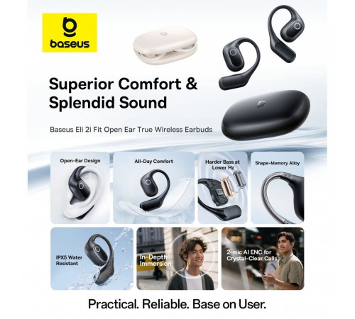 Бездротові навушники TWS Baseus Eli 2i Fit Open-Ear,ENC, IPX5, Cosmic Black (A0102604)