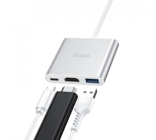 USB-хаб HOCO HB14 Easy use Type-C adapter(Type-C to USB3.0+HDMI+PD) Silver (6931474725790)