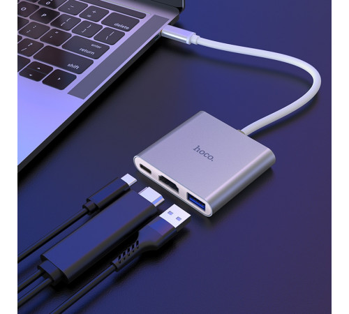 USB-хаб HOCO HB14 Easy use Type-C adapter(Type-C to USB3.0+HDMI+PD) Silver (6931474725790)