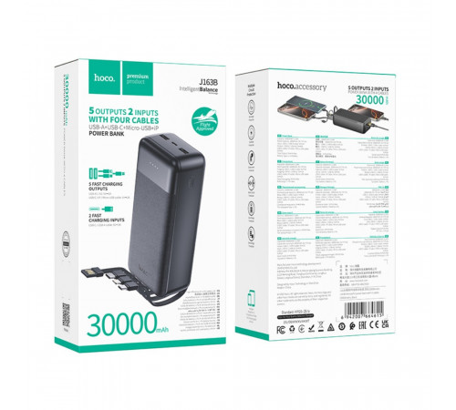 Зовнішній акумулятор HOCO J163B Wonderful power bank with 4 cables(30000mAh) Black (6942007664615)