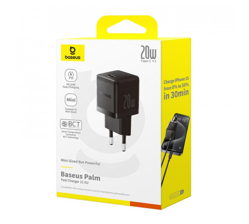 Мережевий зарядний пристрій з кабелем Baseus Palm Fast Charger 1C 20W EU Cosmic Black  set USB-C to iP 20W 1m (E0116401)