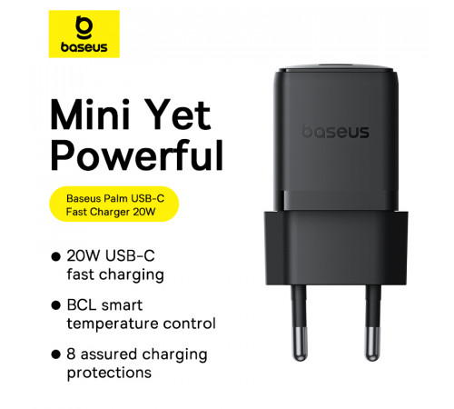 Мережевий зарядний пристрій з кабелем Baseus Palm Fast Charger 1C 20W EU Cosmic Black  set USB-C to iP 20W 1m (E0116401)