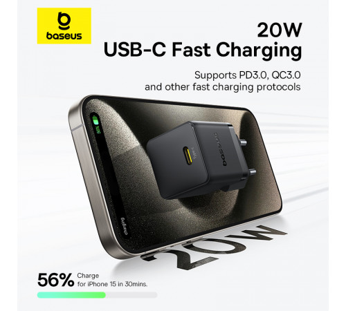 Мережевий зарядний пристрій з кабелем Baseus Palm Fast Charger 1C 20W EU Cosmic Black  set USB-C to iP 20W 1m (E0116401)